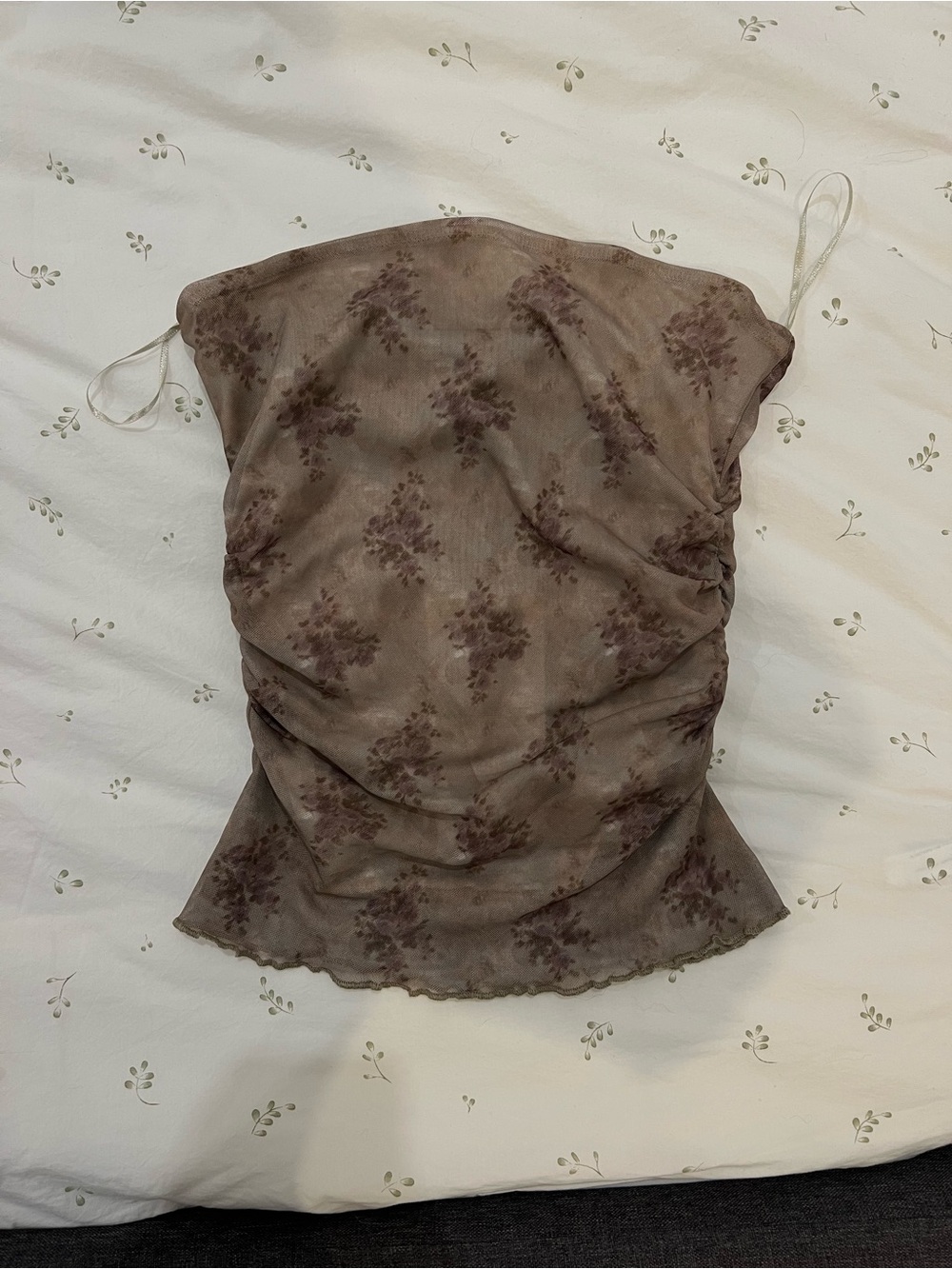 Pull&Bear Floral Ruched Strapless Top - Taupe and Dusty Rose